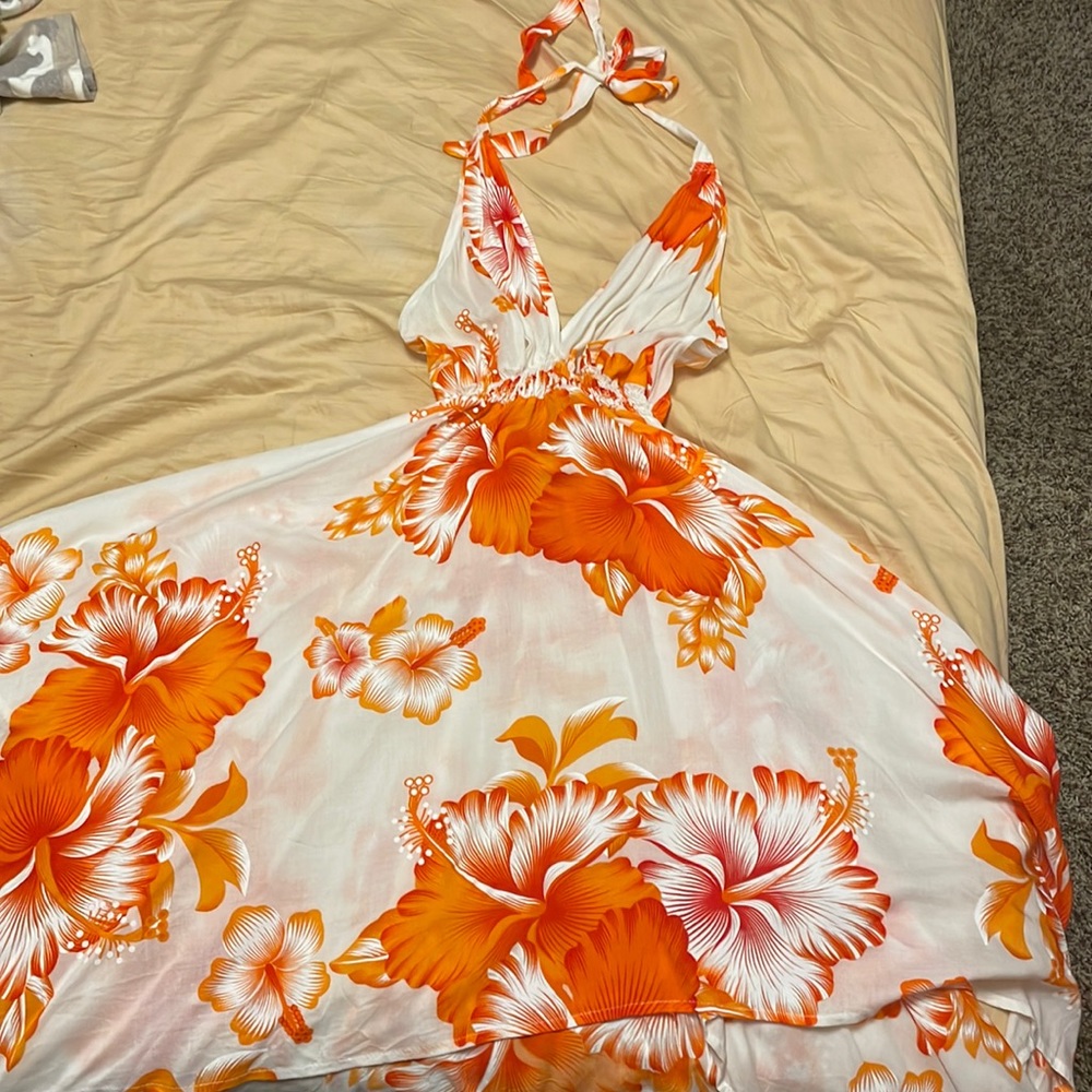 Backless Orange And White Summer Dress with Flowers